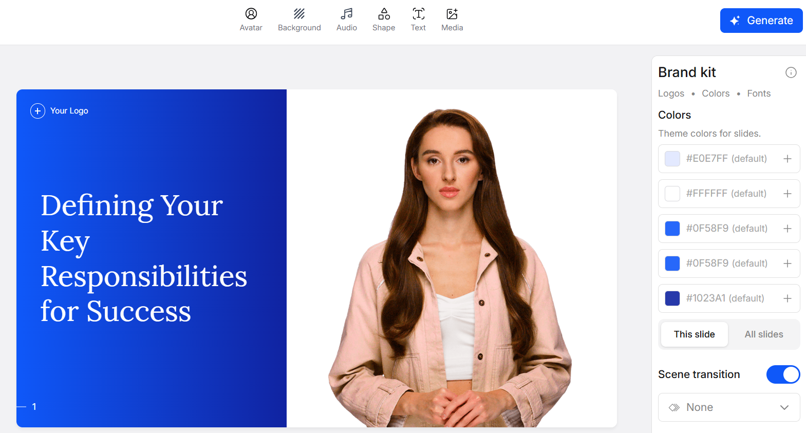 Brand kit editor with logo, colors and fonts applied to a slide