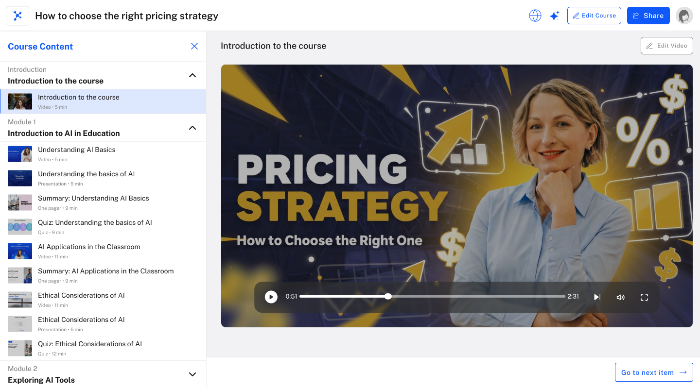 A published course with modules, lessons and quizzes